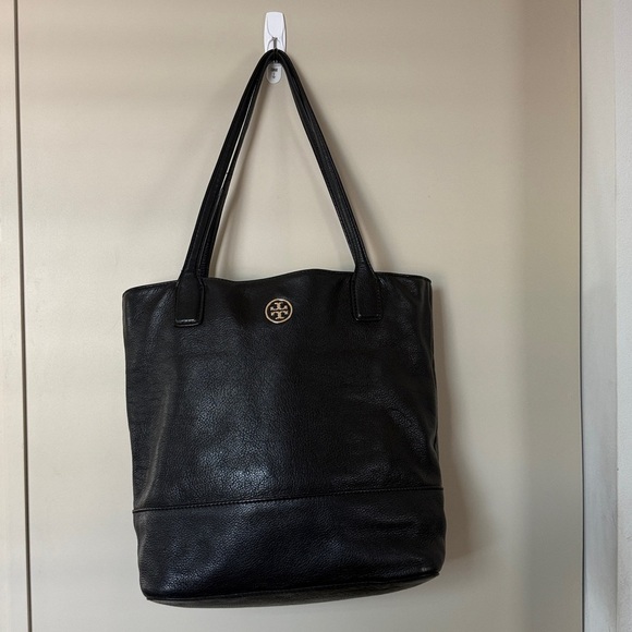 Tory Burch Michelle Leather Black Tote Bag Gold Logo - Picture 2 of 14